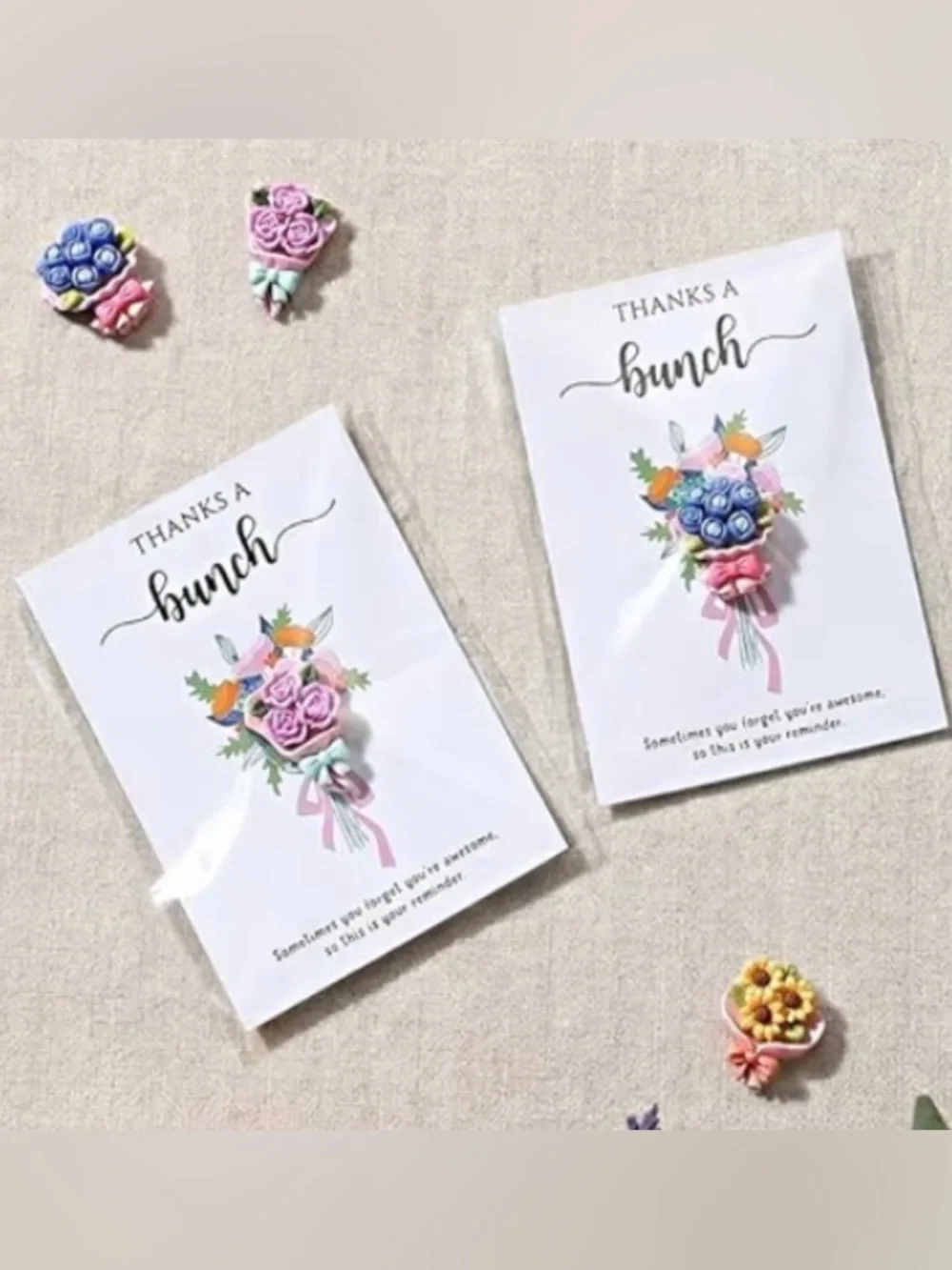 (10) Thanks a Bunch Cards With Mini Resin Flower Bouquet Pocket Hugs